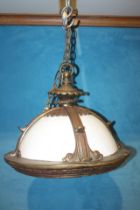 Decorative Bronze hanging ceiling lamp with milk glass shade. {H 45cm x D 56cm }.