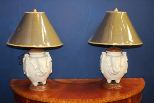 Pair of ceramic elephant table lamps with wooden base {H 60cm x Dia 40cm}.