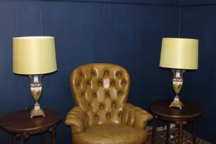 Pair of gilded ceramic hand painted table lamps with cloth shades. {H 66cm x Dia 32cm}.