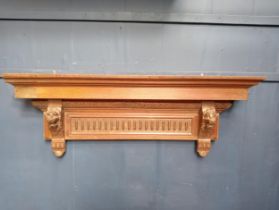 Victorian Oak shelf with hand carved lion corbels {H 50cm x W 142cm x D 21cm }.
