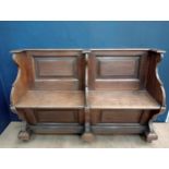 19th C. Oak two seater bench with lift up seat and panel back {H 93cm x W 140cm x D 42cm}.