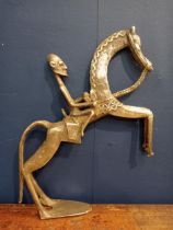 Egyptian bronze horse and rider sculpture. {H 28cm x W 4cm x D 20cm}.
