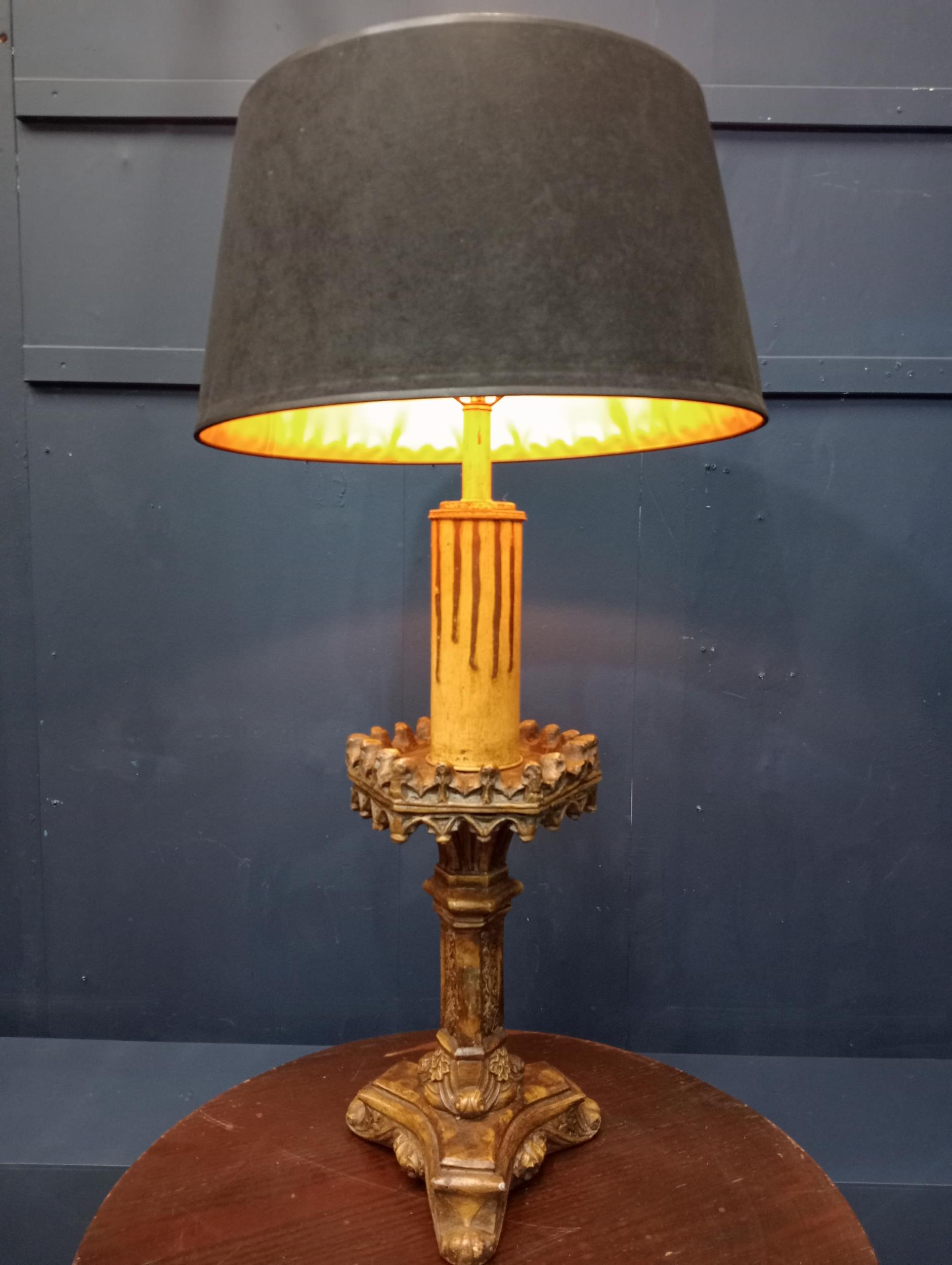 19th C. Carved and gilded wood tall alter stick in the form of lamp with cloth shade. {H 100cm x Dia