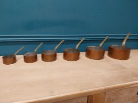 Set of six copper and brass saucepans {Smallest: 8cm H x 16cm W x 16cm D and Largest: 18cm H x