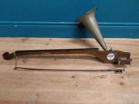 Early 20th C. Stroviols fiddle with tin horn and bow. {84 cm H x 40 cm W x 18 cm D}.