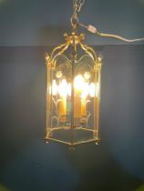 Good quality brass hall lantern with etched glass panels in the Victorian style {}.