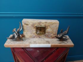 Art Deco marble mantle clock decorated with spelter birds. { 15 cm H x 43 cm W x 10 cm D}.