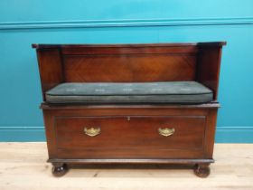 Edwardian mahogany hall bench with single drawer underneath with upholstered seat and brass handles.