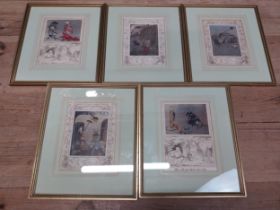 Set of five Japanese lithographs depicting rats. {35 cm H x 30 cm W}.