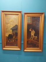 Pair of 20th C. framed oil on canvas paintings Dogs signed M Trimble Feb 1915. {126 cm H x 24 cm