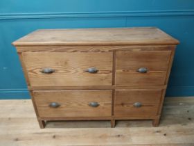 19th C. pine kitchen side cabinet with four drawers and decorative handles. {87 cm h x 119 cm W x 52