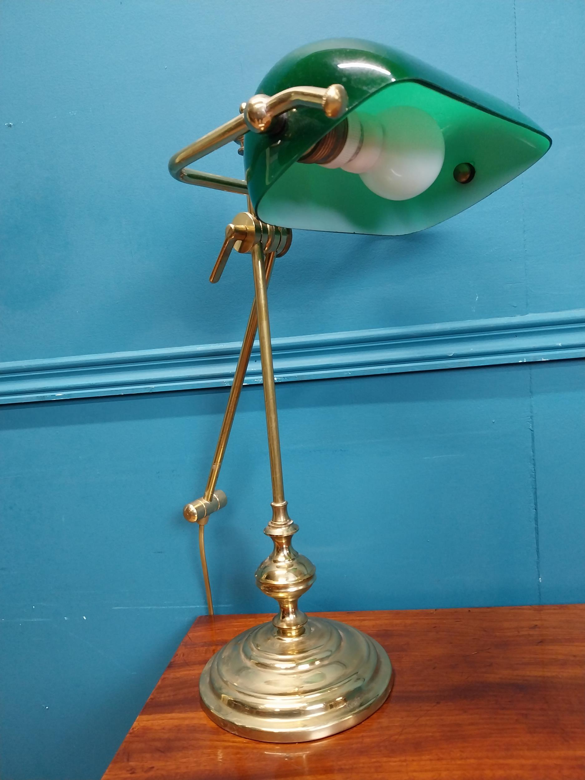 Good quality brass banker's lamp with green glass shade. {49 cm H x 26 cm W x 32 cm W}. - Image 2 of 9