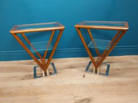 Pair of exceptional quality teak and chrome side tables with glass insert, in the Art Deco style {65