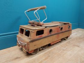 1950's Dejou wooden ride along toy in the form of a bus tram. {38 cm H x 70 cm W x 24 cm D}.