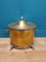 Good quality brass lidded coal bucket with liner and handles on scrolled feet. {44cm H x 40 cm W x