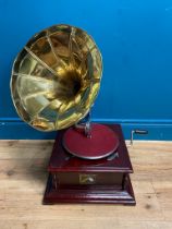 His Master's Voice mahogany and brass gramophone. {70 cm H x 60 cm W x 60 cm D}.