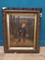 19th C. oil on canvas mounted in decorative gilt frame. Boy going Fishing. {77 cm H x 64 cm W}.