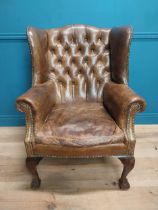 Early 20th C. hand dyed deep buttoned leather wing back arm chair. {106 cm H x 80 cm W x 82 cm D}.