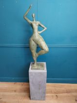 Exceptional quality contemporary bronze sculpture of a Lady raised on slate base {166 cm H x 40 cm W