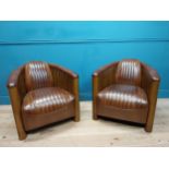 Pair of exceptional quality walnut and hand dyed leather aviator club chairs in the Art Deco