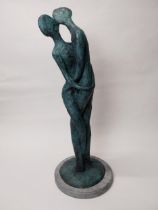 Exceptional quality contemporary bronze sculpture of The Lovers mounted on marble base {100 cm H x