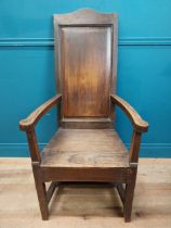 19th C. oak throne chair raised on square legs. {120 cm H x 60 cm W x 63 cm D}.