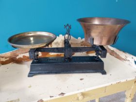 19th. C. brass and metal shop scales Force Ten Kilo. { 34cm H X 52cm W X 14cm D }.{ cm H cm W cm D}.