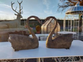 Pair of exceptional quality bronze swans {69cm H x 79cm W x 38cm D}