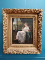 19th C. oil on canvas Seated Lady mounted in gilt wood frame. {77 cm H x 68 cm W}.