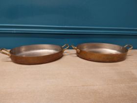 Two copper and brass pans {6cm H x 34cm W x 18cm D and 7cm H x 48cm W x 21cm D}