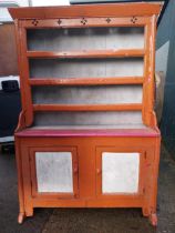 19th C. West of Ireland painted pine kitchen dresser with open shelf back above two doors on bracket