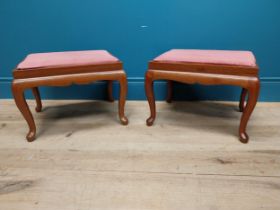 Pair of mahogany stools with upholstered seats on cabriole legs. {35 cm H x 44 cm W x 36 cm D}.