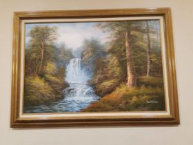Dansdord Waterfall scene oil on canvas mounted in gilt frame {79 cm H x 106 cm W}