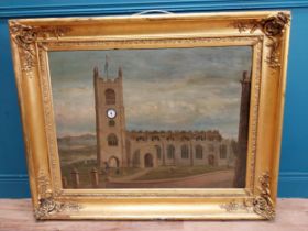 Rare 19th C. oil on canvas depicting church and clock tower with built in clock mounted in gilt