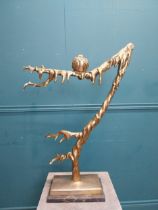 Exceptional quality chromed bronze sculpture of a Robin on branch {76 cm H x 60 cm W x 18 cm D}.