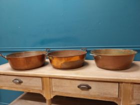 Three copper and brass preserving pans {13cm H x 45cm Dia}