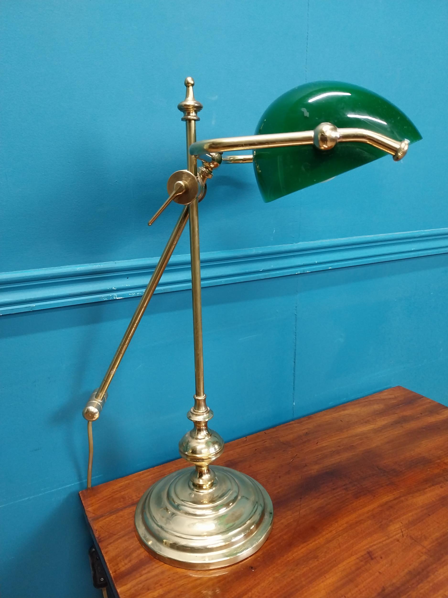 Good quality brass banker's lamp with green glass shade. {49 cm H x 26 cm W x 32 cm W}.