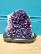 Deep purple Amethyst crystal mounted on wooden base. {19 cm H x 21 cm W x 9 cm D}.