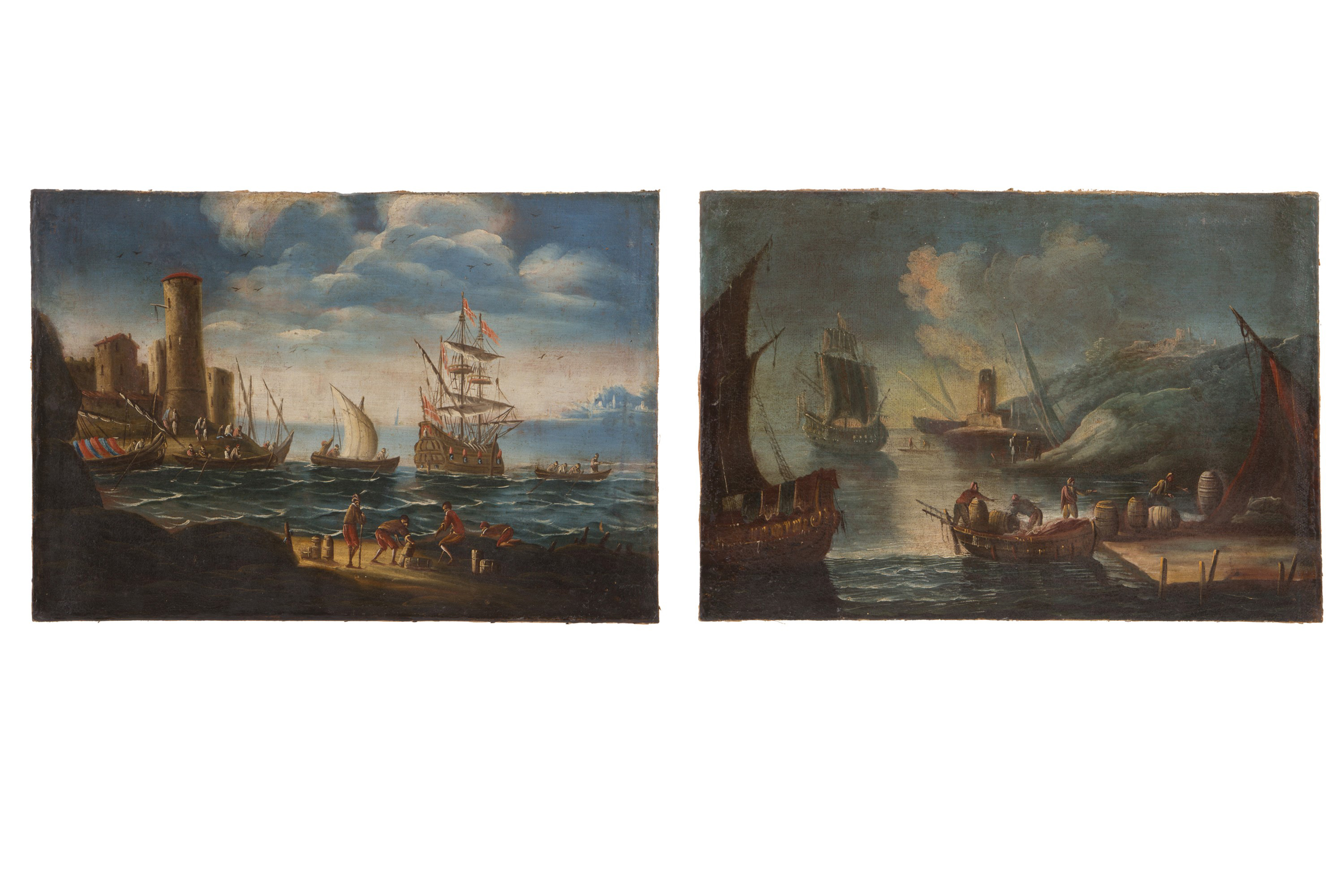 Pair of paintings "PORTS WITH BOATS AND CHARACTERS"