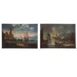 Pair of paintings "PORTS WITH BOATS AND CHARACTERS"