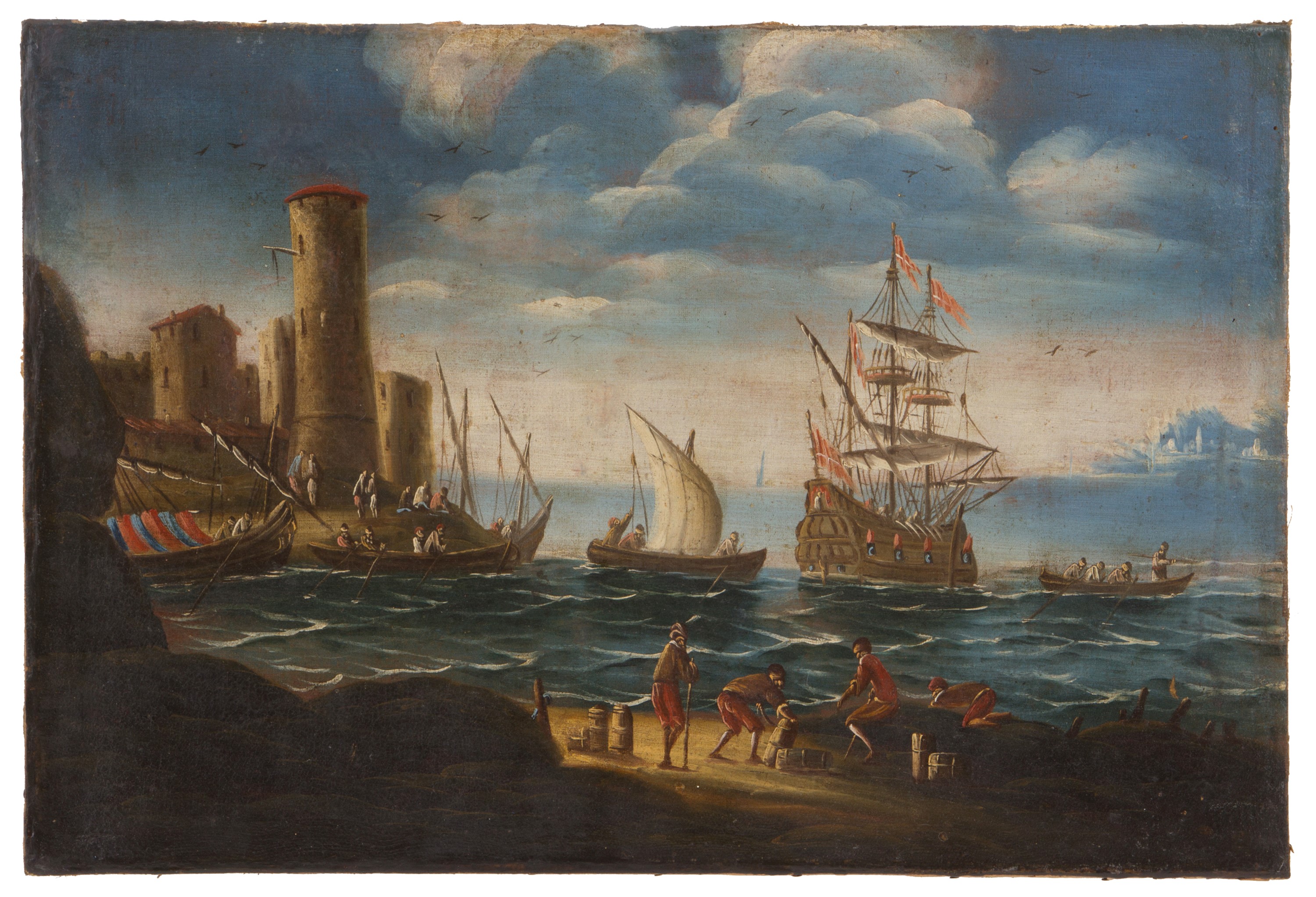 Pair of paintings "PORTS WITH BOATS AND CHARACTERS" - Image 2 of 5