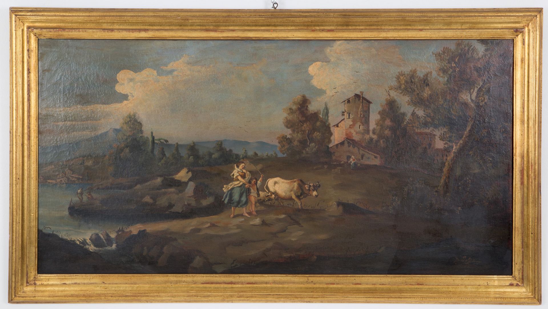 Painting "LAKE LANDSCAPE WITH FIGURES AND ANIMALS"