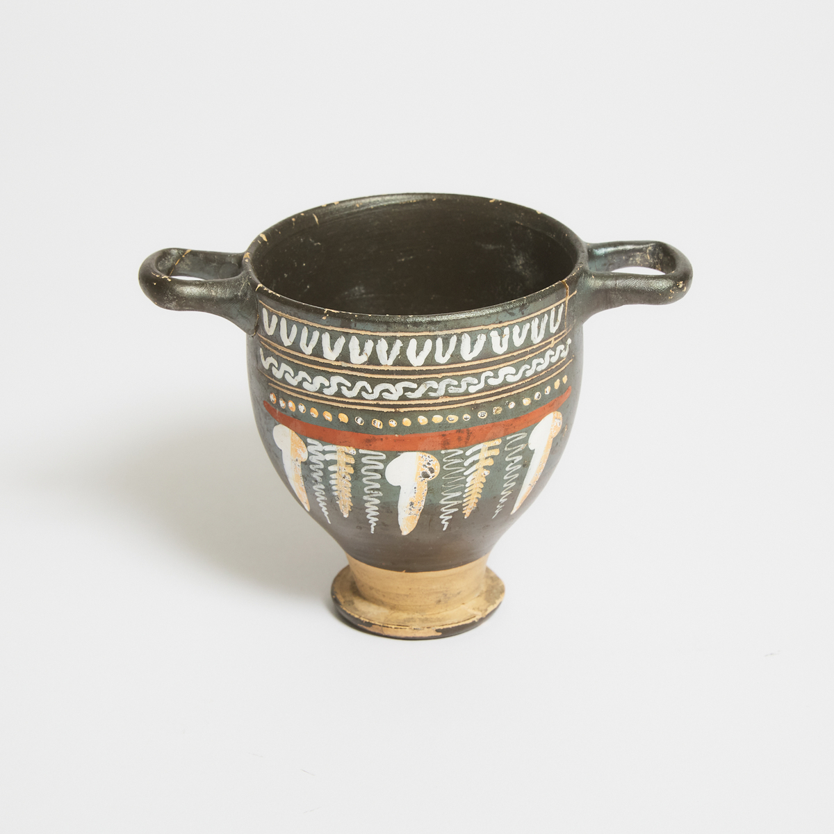 Greek Apulian Gnathian Pottery Skyphos, late classical period, 310-300 BC, 3.75 x 5.25 in — 9.5 x 13