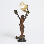 Art Nouveau Patinated Metal Figural Table Lamp with Natural Shell Shade, c.1900, height 22 in — 55.9