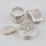 American Silver Lady Golfer Vesta Case, Edwardian Ring Box, Continental Pill Box, and a Danish Silve