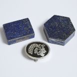 Two Lapis Lazuli Dresser Boxes and a Mexican Enamelled Silver Pill Box, mid 20th century, hexagonal