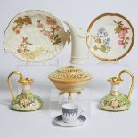 Group of Royal Worcester Porcelain and a Pair of Derby Ewers, late 19th/early 20th century, leaf dis