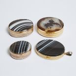 Three Italian Oval Agate Mounted Gilt Metal Dresser Boxes and a Locket Pendant, early 20th century,