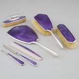 English Silver and Guilloché Translucent Purple Enamel Mounted Dresing Table Set, Charles S. Green &