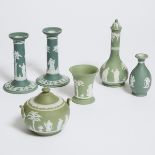 Group of Wedgwood Green Jasper and Jasper-Dip Pottery, late 19th/20th century, largest vase height 8